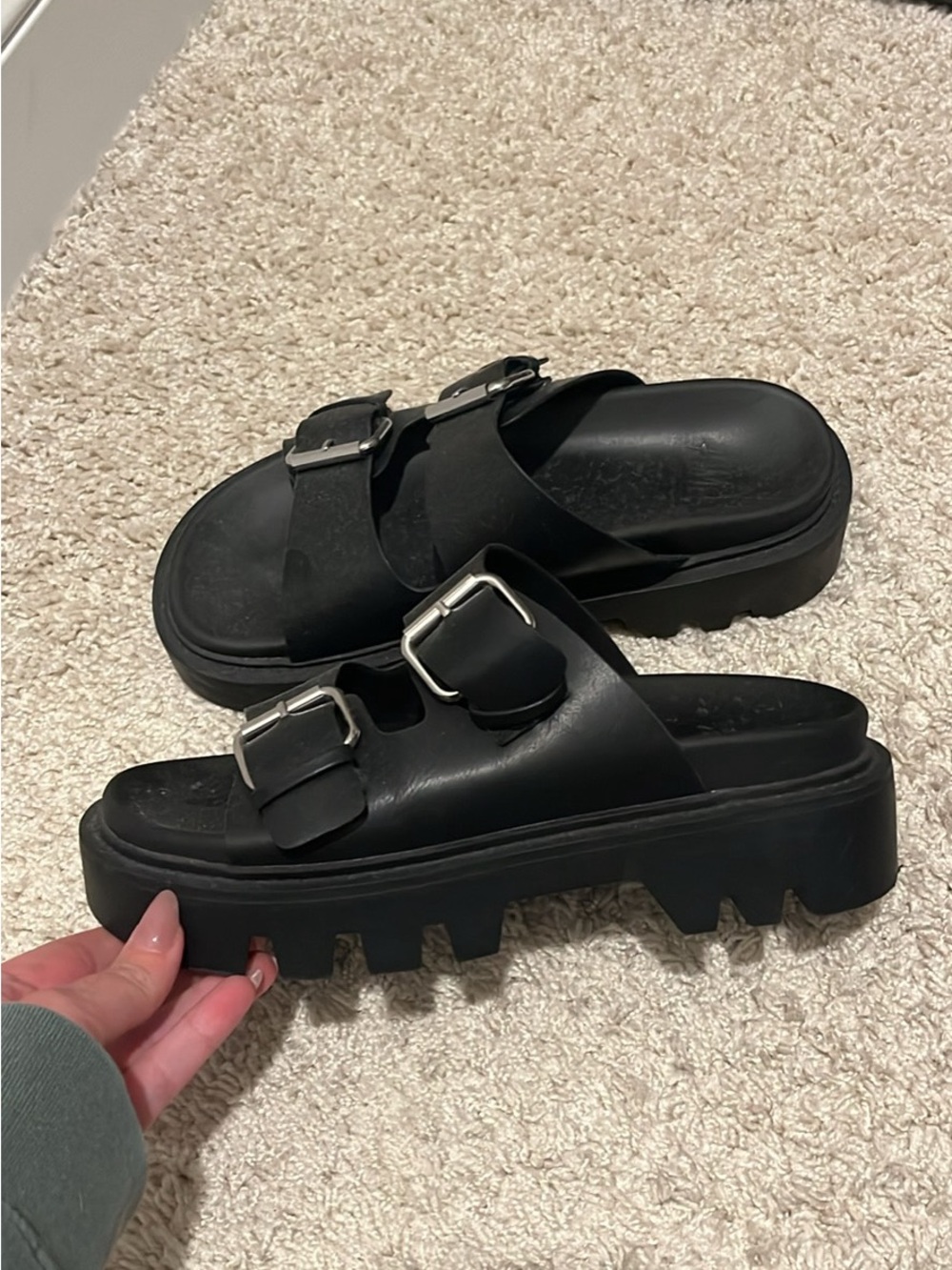 Zara Black Platform Double-Buckle Lug Sole Slide Mules